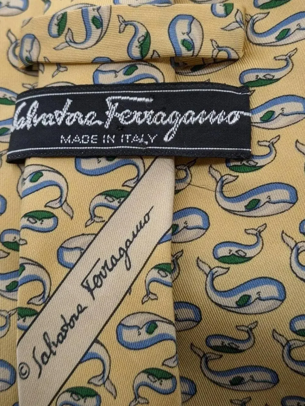 Salvatore Ferragamo $240 Yellow Blue Whale Nautical Italian Made 100% Silk Tie